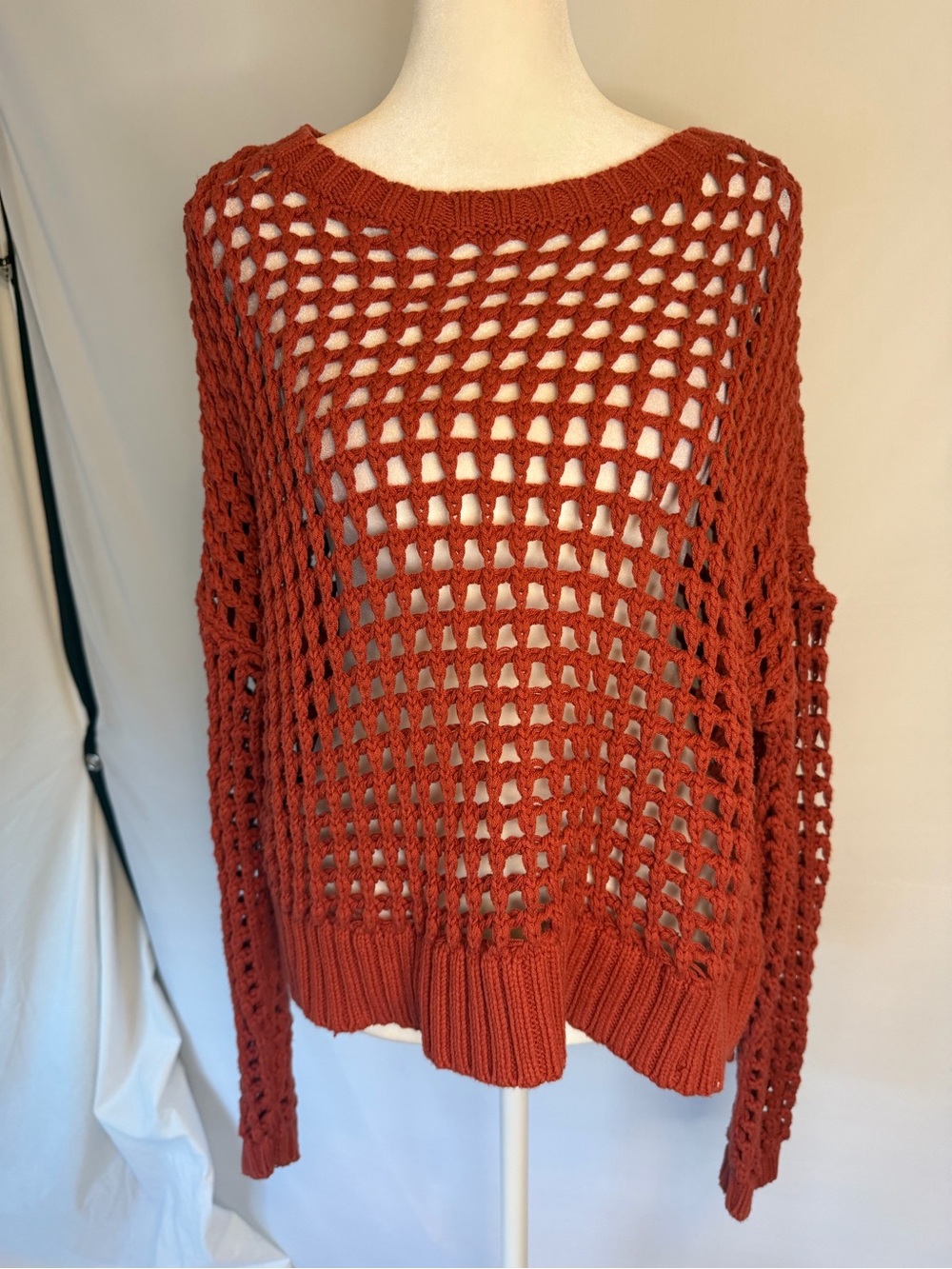 Terra Cotta Open-Knit Crochet Look Women’s Sweater, Layered Look